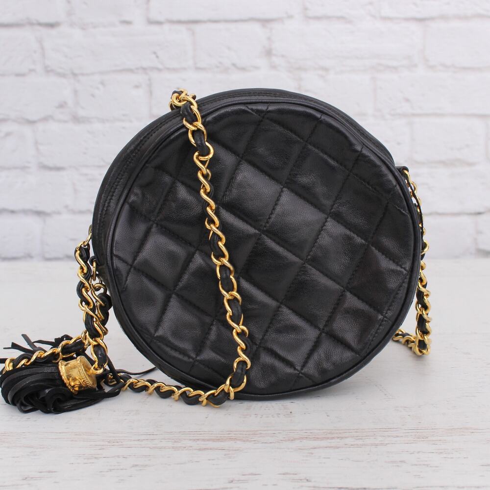 Chanel Round Black Lambskin Leather Shoulder and Crossbody Purse A5284